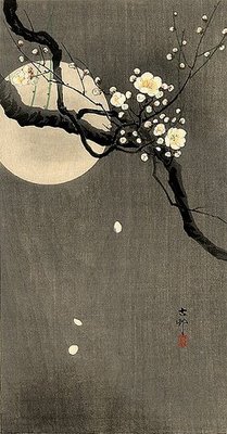 woodblock print by Ohara Koson. Plumtree branch with plum blossoms in front of full moon