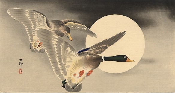 woodblock print of Ohara Koson. Two geese in flight before a full moon